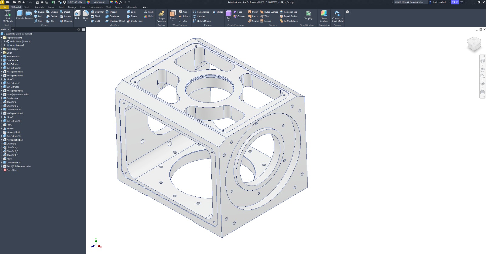 Rebuilt machined enclosure open in Autodesk Inventor