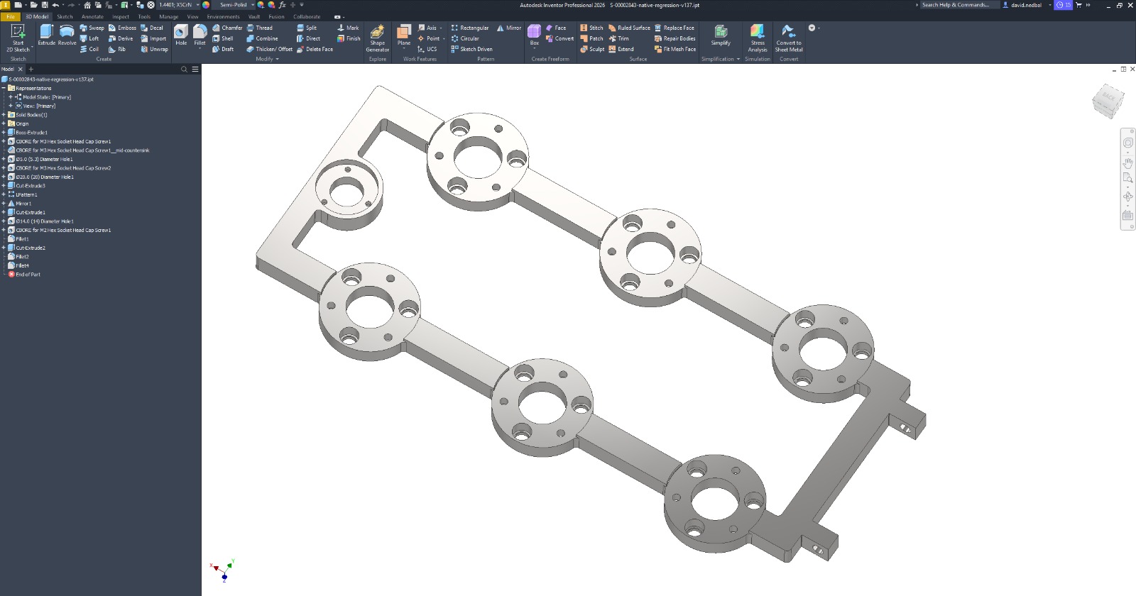 Rebuilt patterned tooling plate open in Autodesk Inventor