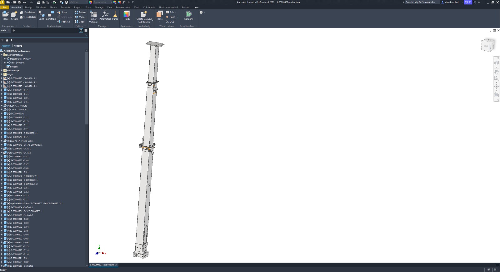 Rebuilt telescopic lifting assembly open in Autodesk Inventor